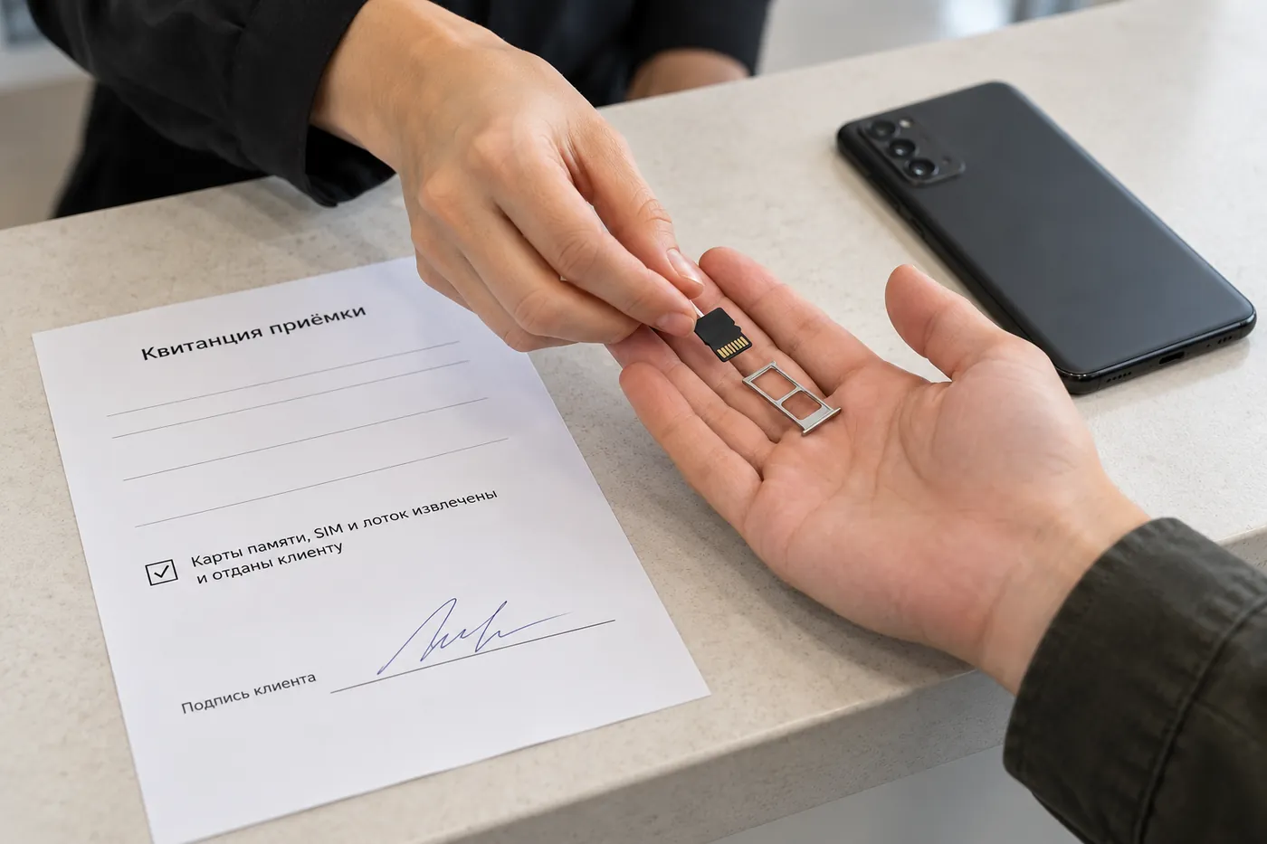 Администратор кладёт карту microSD и лоток SIM на ладонь клиента. На стойке квитанция приёмки с отмеченной строкой «Карты памяти, SIM и лоток извлечены и отданы клиенту» и подписью клиента.
