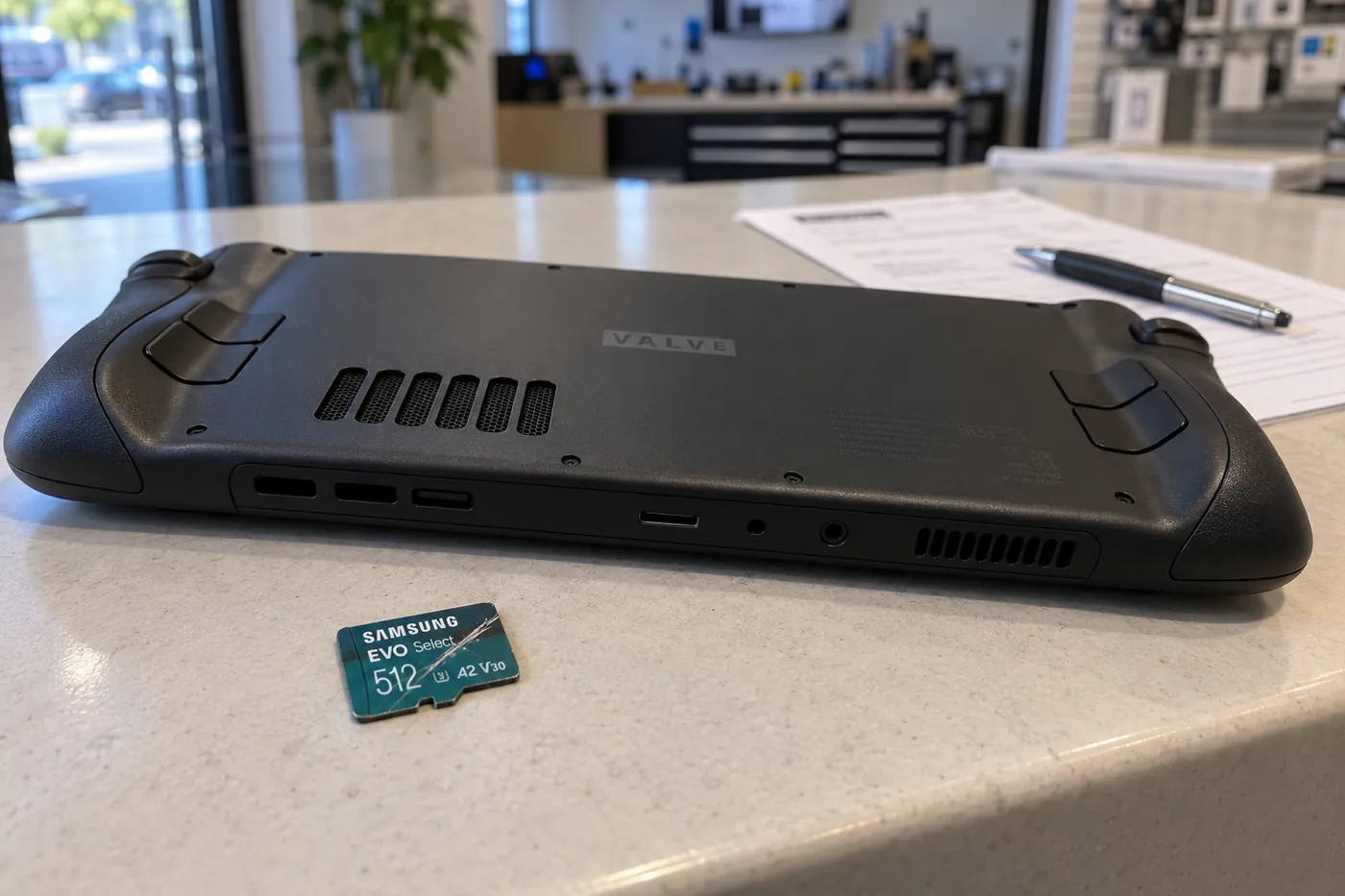 Портативная приставка Steam Deck лежит экраном вниз на стойке приёмки, рядом карта microSD Samsung EVO Select на 512 ГБ с царапиной на этикетке, дальше квитанция и ручка.