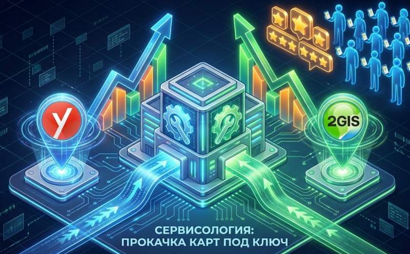 Иллюстрация продвижения на картах: значки Яндекс Карт и 2ГИС вокруг центрального блока, вверху пять звёзд отзывов и очередь людей