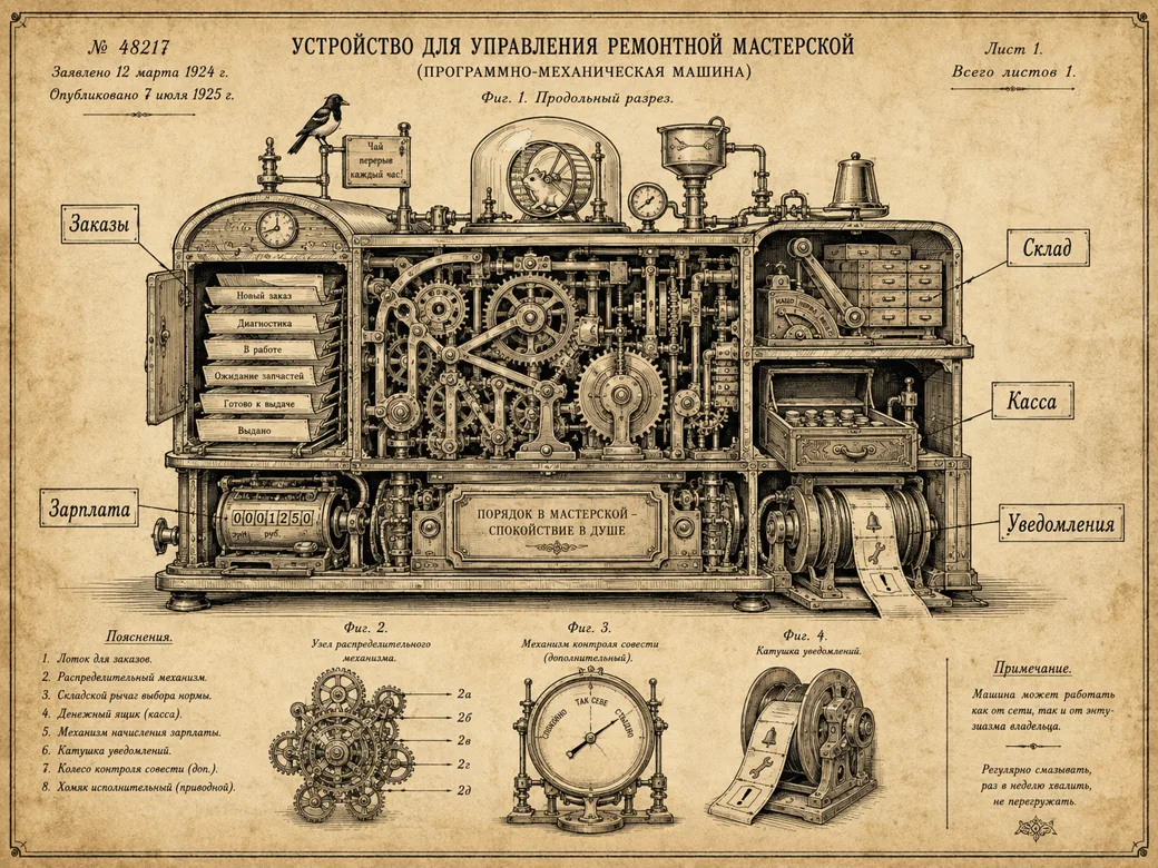 Шуточный патентный чертёж 1924 года «Устройство для управления ремонтной мастерской»: в разрезе видны лоток заказов со статусами, склад, денежный ящик, счётчик зарплаты и катушка уведомлений