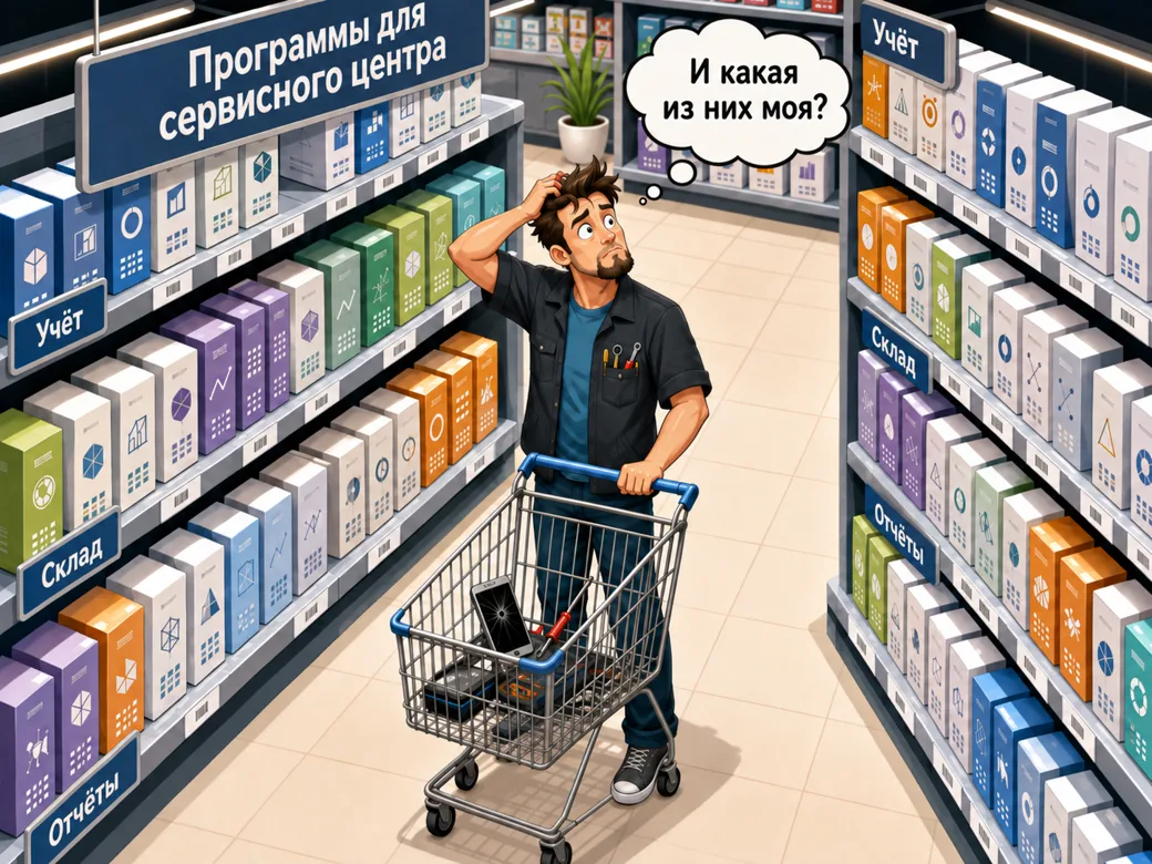 Владелец мастерской с тележкой стоит у полок супермаркета, где вместо продуктов лежат одинаковые коробки с программами под вывесками «Учёт», «Склад», «Отчёты», и думает: «И какая из них моя?»