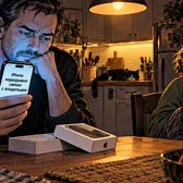 Отец держит iPhone с надписью «iPhone неразрывно связан с владельцем», сын с геймпадом смотрит в сторону