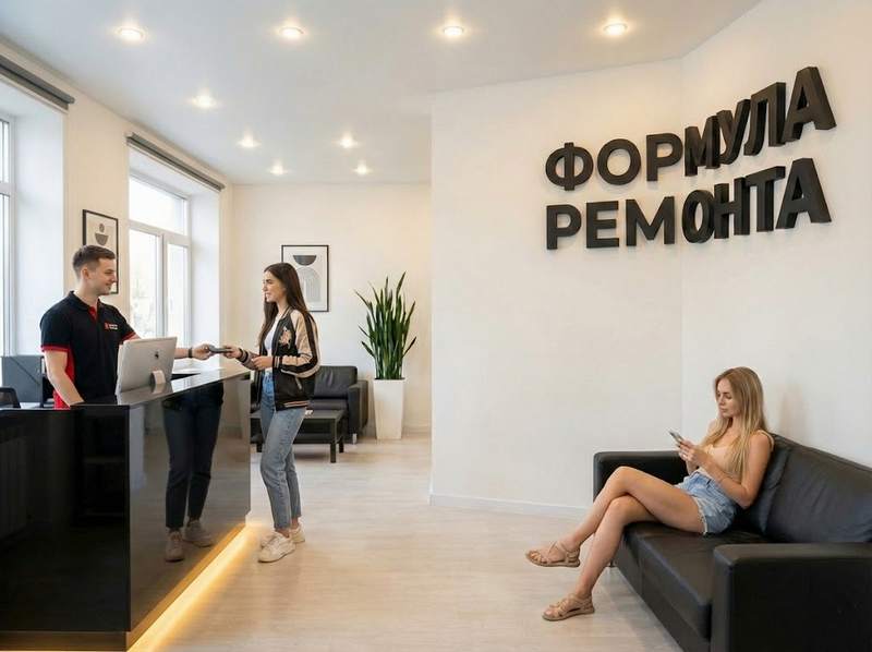 Зал приёмки «Формулы Ремонта»: сотрудник за стойкой оформляет заказ, клиентка ждёт на диване у стены с логотипом