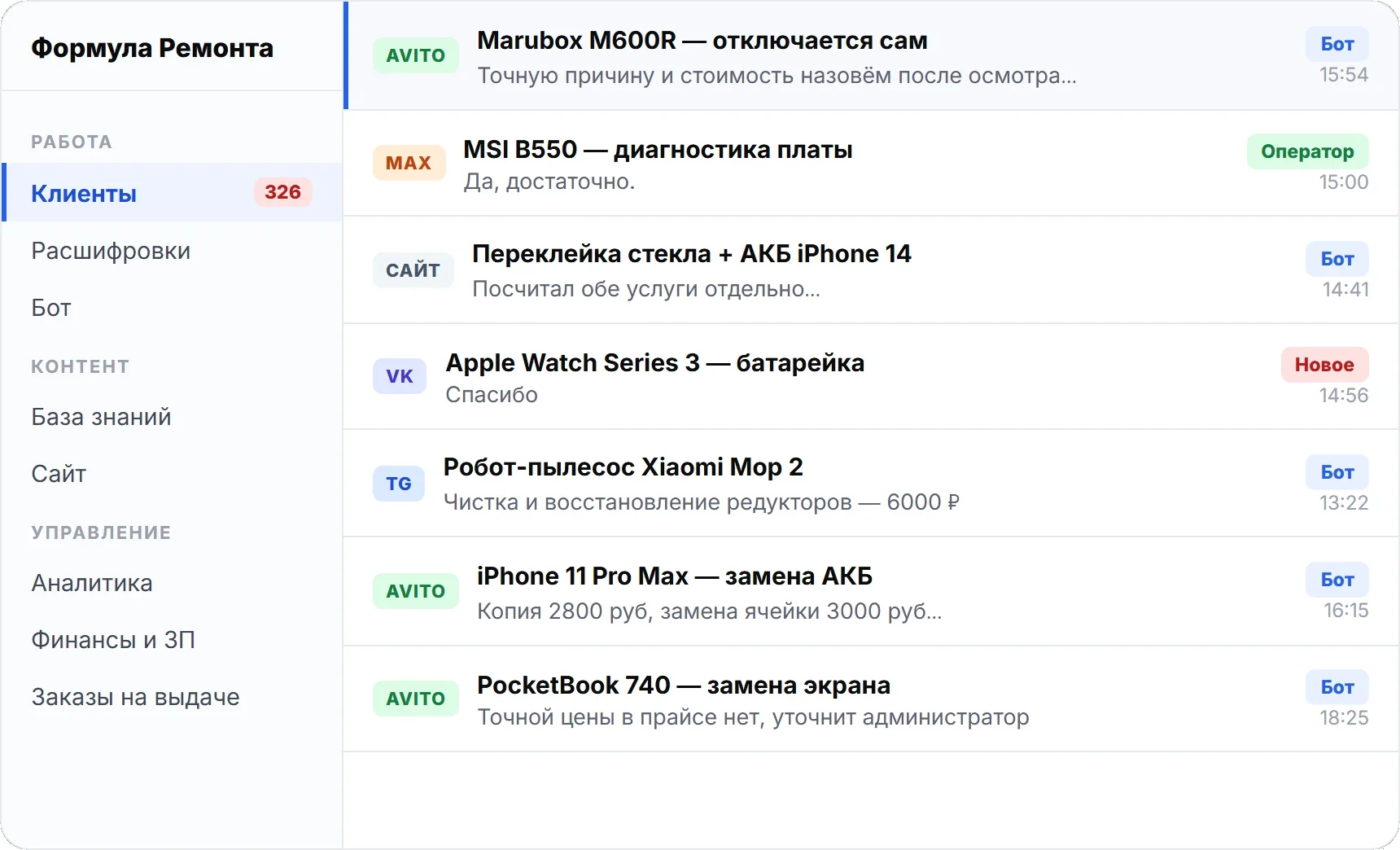 Рабочее окно CRM «Формулы Ремонта»: список обращений из Avito, MAX, сайта, VK и Telegram, у каждой строки устройство, последняя реплика, время и метка, кто ответил — бот или оператор